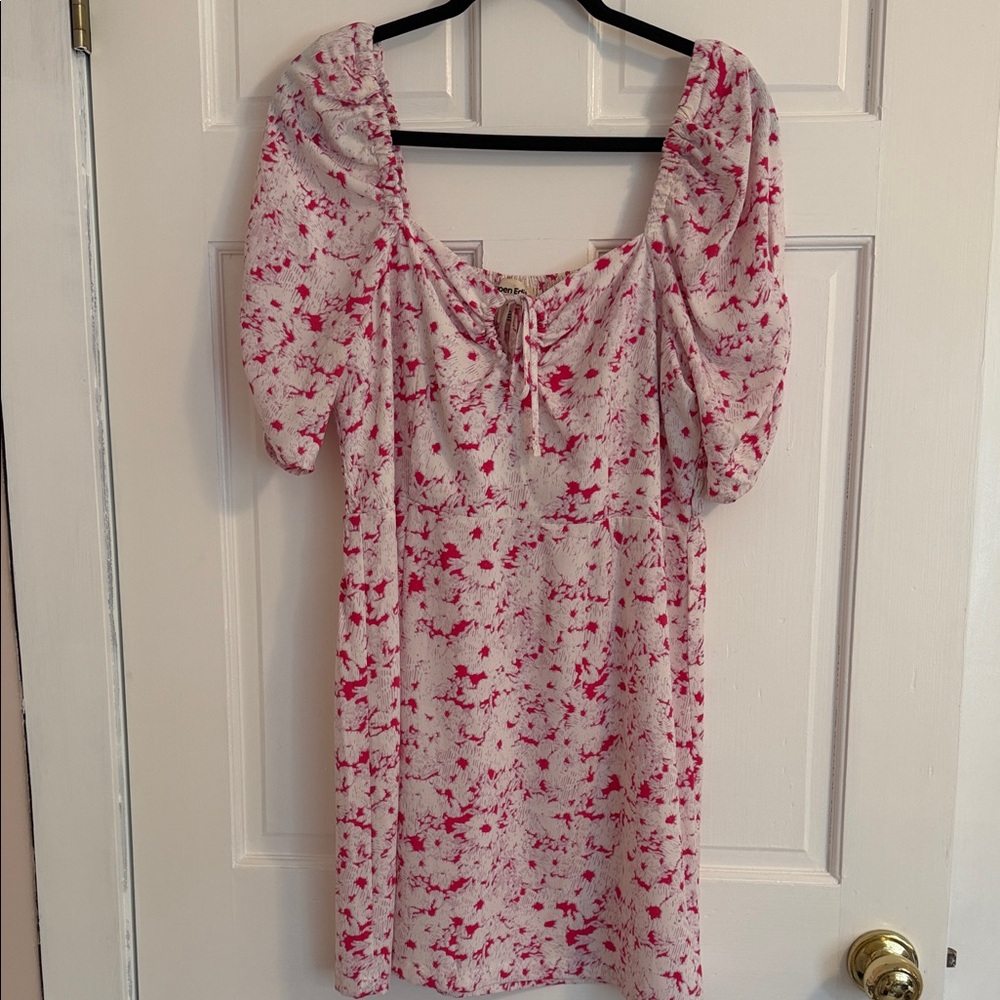 Open Edit Pink Floral Short Dress with Puff Sleeves